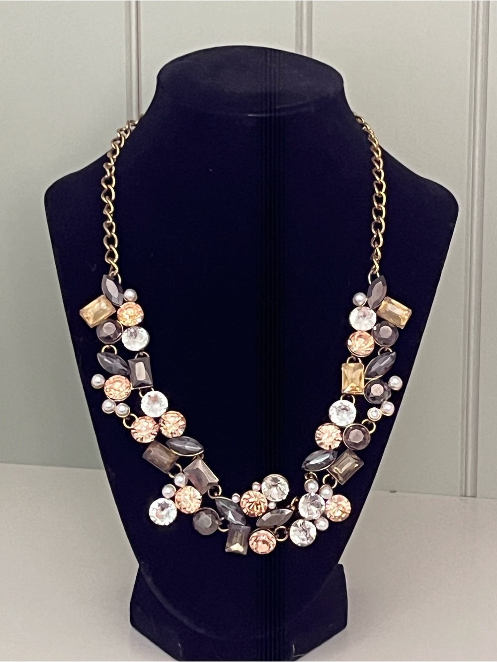 Statement Cluster Rhinestone & Faux Pearl Necklace | Antique Gold-Tone Chain